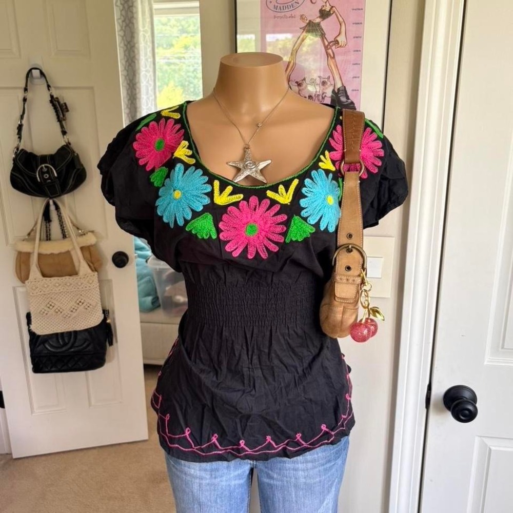 y2k 2000s black embroidered floral peasant blouse boho top colorful flowers